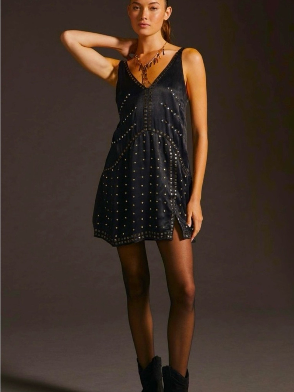 Anthropologie Black Studded V-Neck Mini Dress
